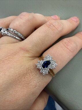 Blue Sapphire and Diamond Halo Yellow Gold Ring - size 8